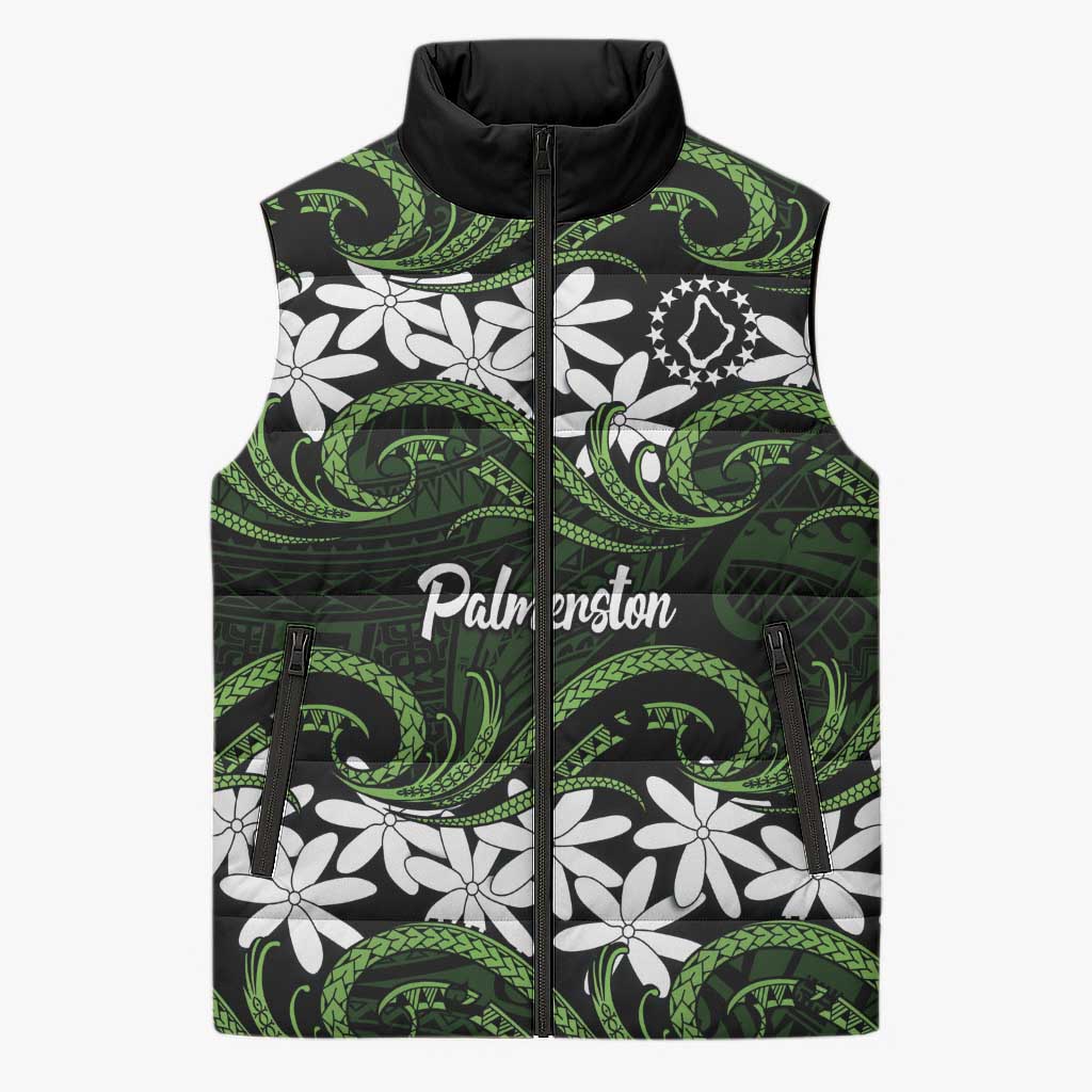 Personalised Cook Islands Palmerston Sleeveless Puffer Jacket Tiare Maori Polynesian Waves Tattoo LT14 Unisex Green - Polynesian Pride