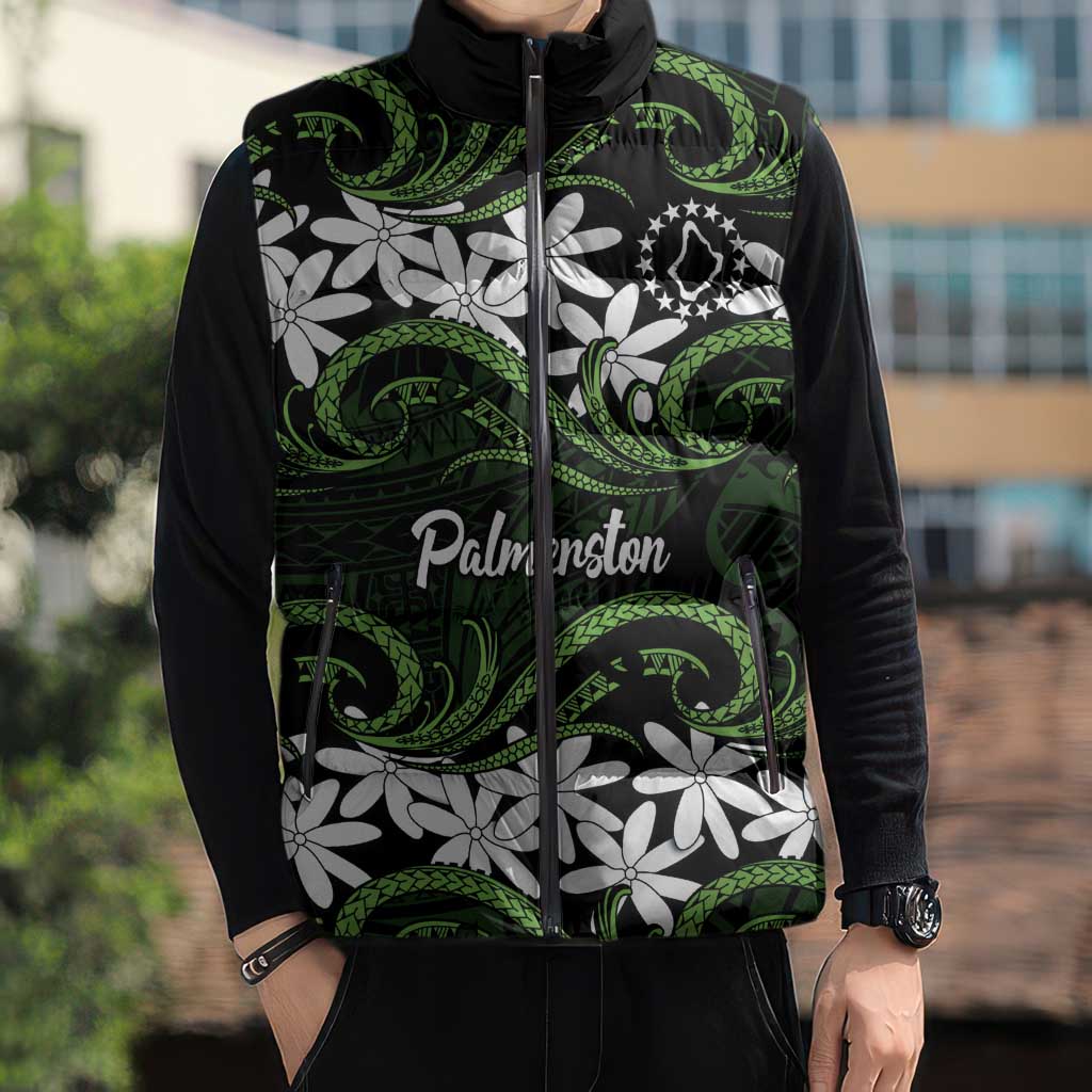 Personalised Cook Islands Palmerston Sleeveless Puffer Jacket Tiare Maori Polynesian Waves Tattoo LT14 - Polynesian Pride