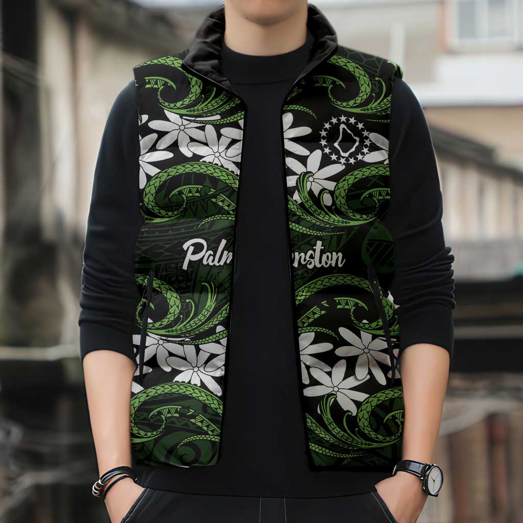 Personalised Cook Islands Palmerston Sleeveless Puffer Jacket Tiare Maori Polynesian Waves Tattoo LT14 - Polynesian Pride