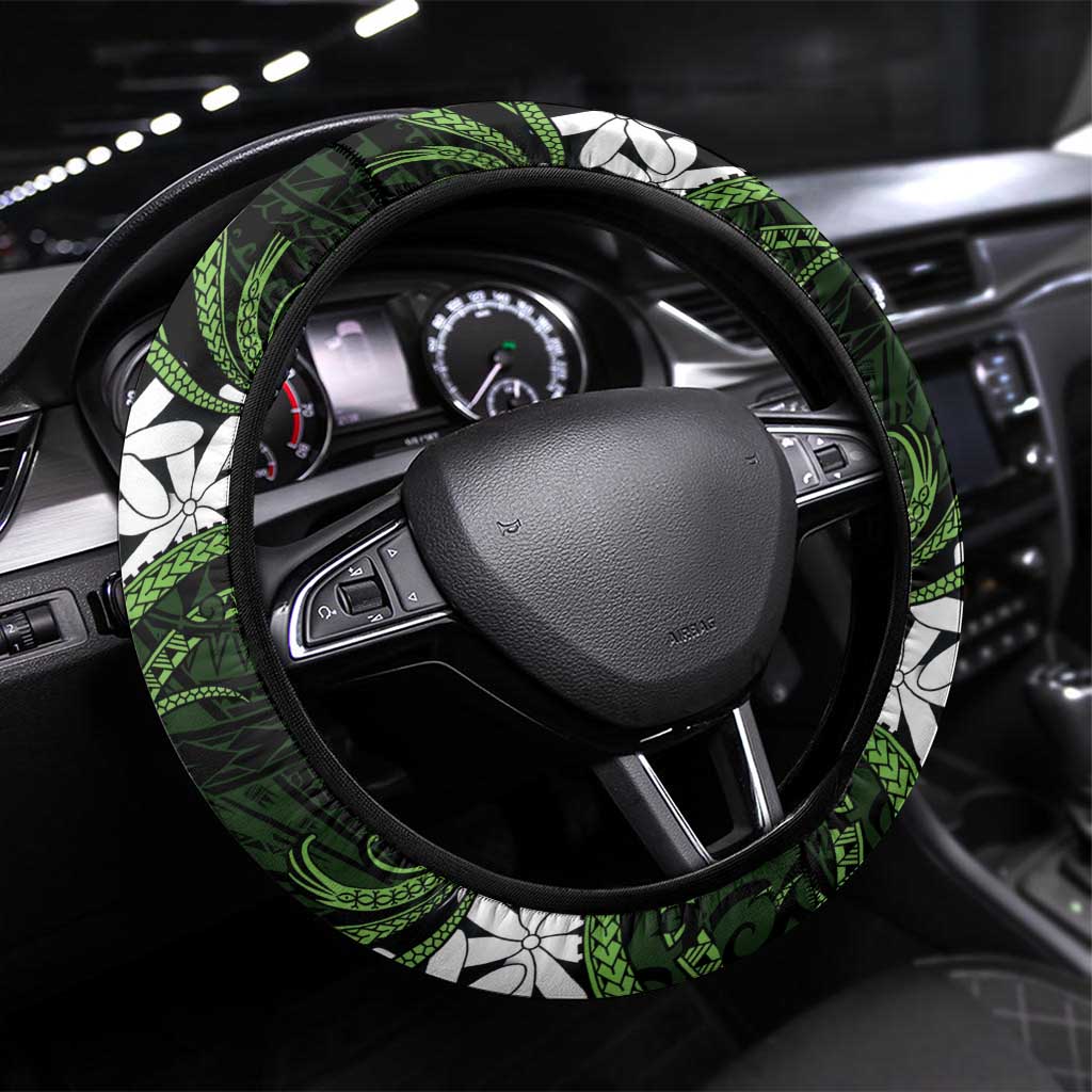 Cook Islands Palmerston Steering Wheel Cover Tiare Maori Polynesian Waves Tattoo LT14 Universal Fit Green - Polynesian Pride