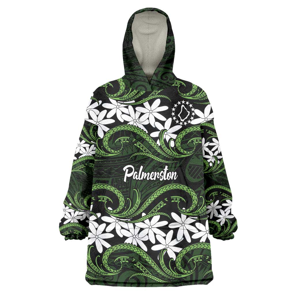 Personalised Cook Islands Palmerston Wearable Blanket Hoodie Tiare Maori Polynesian Waves Tattoo LT14 One Size Green - Polynesian Pride