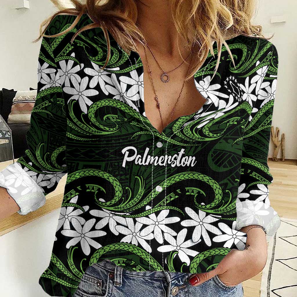 Personalised Cook Islands Palmerston Women Casual Shirt Tiare Maori Polynesian Waves Tattoo LT14 Female Green - Polynesian Pride