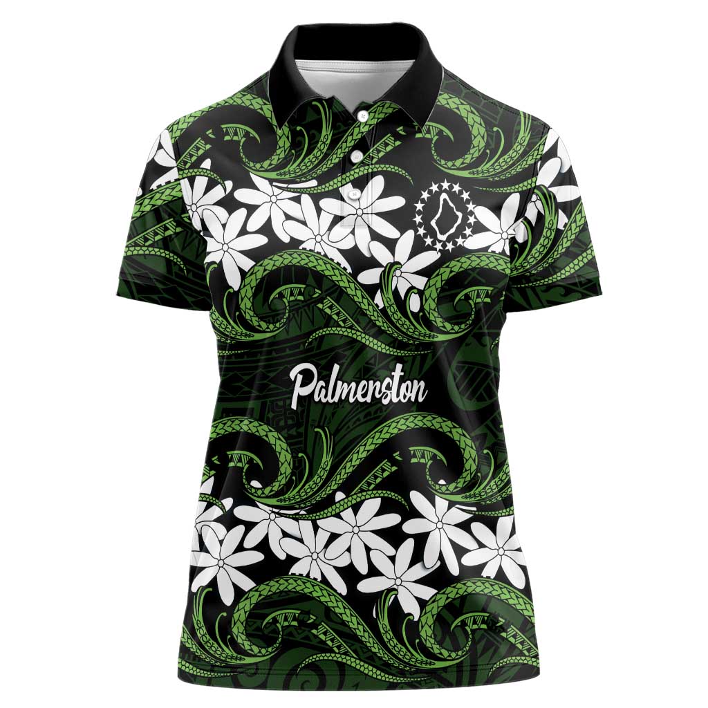 Personalised Cook Islands Palmerston Women Polo Shirt Tiare Maori Polynesian Waves Tattoo LT14 Female Green - Polynesian Pride