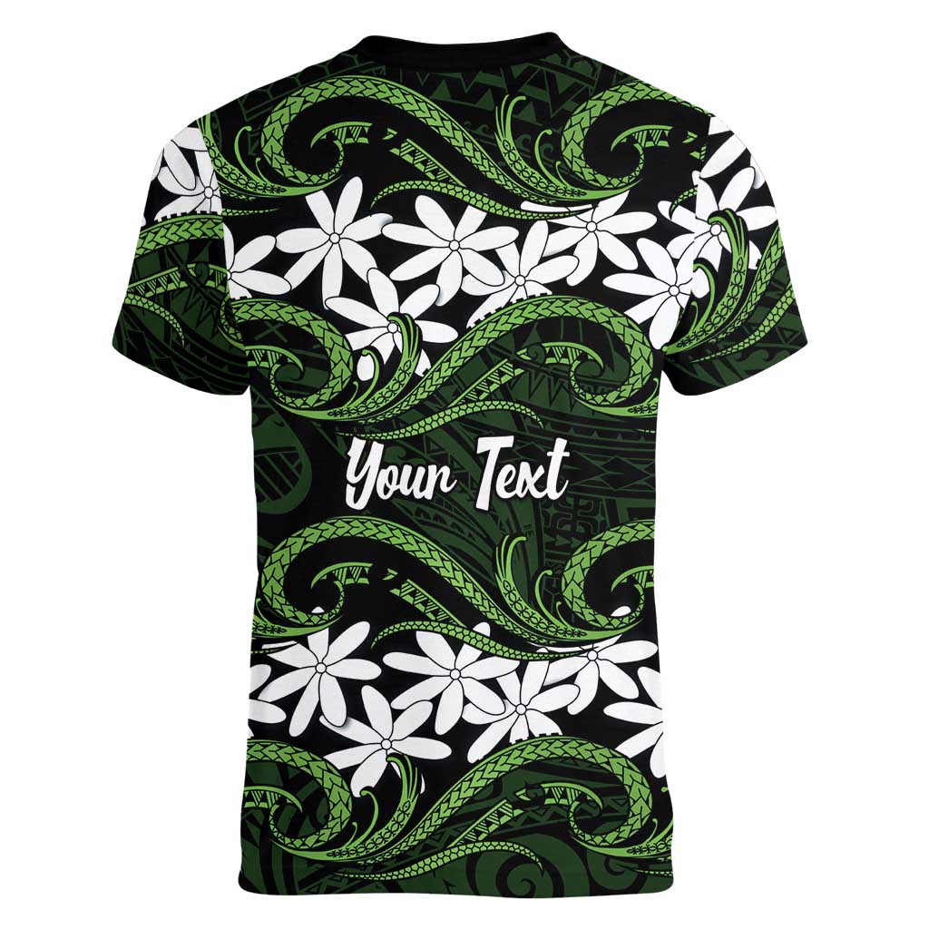 Personalised Cook Islands Palmerston Women V-Neck T-Shirt Tiare Maori Polynesian Waves Tattoo LT14 - Polynesian Pride
