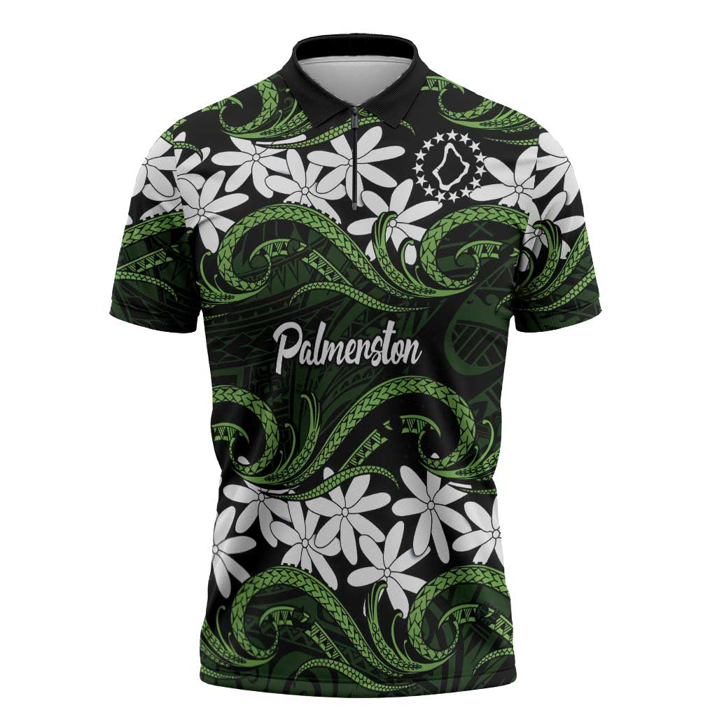 Personalised Cook Islands Palmerston Zipper Polo Shirt Tiare Maori Polynesian Waves Tattoo LT14 Green - Polynesian Pride