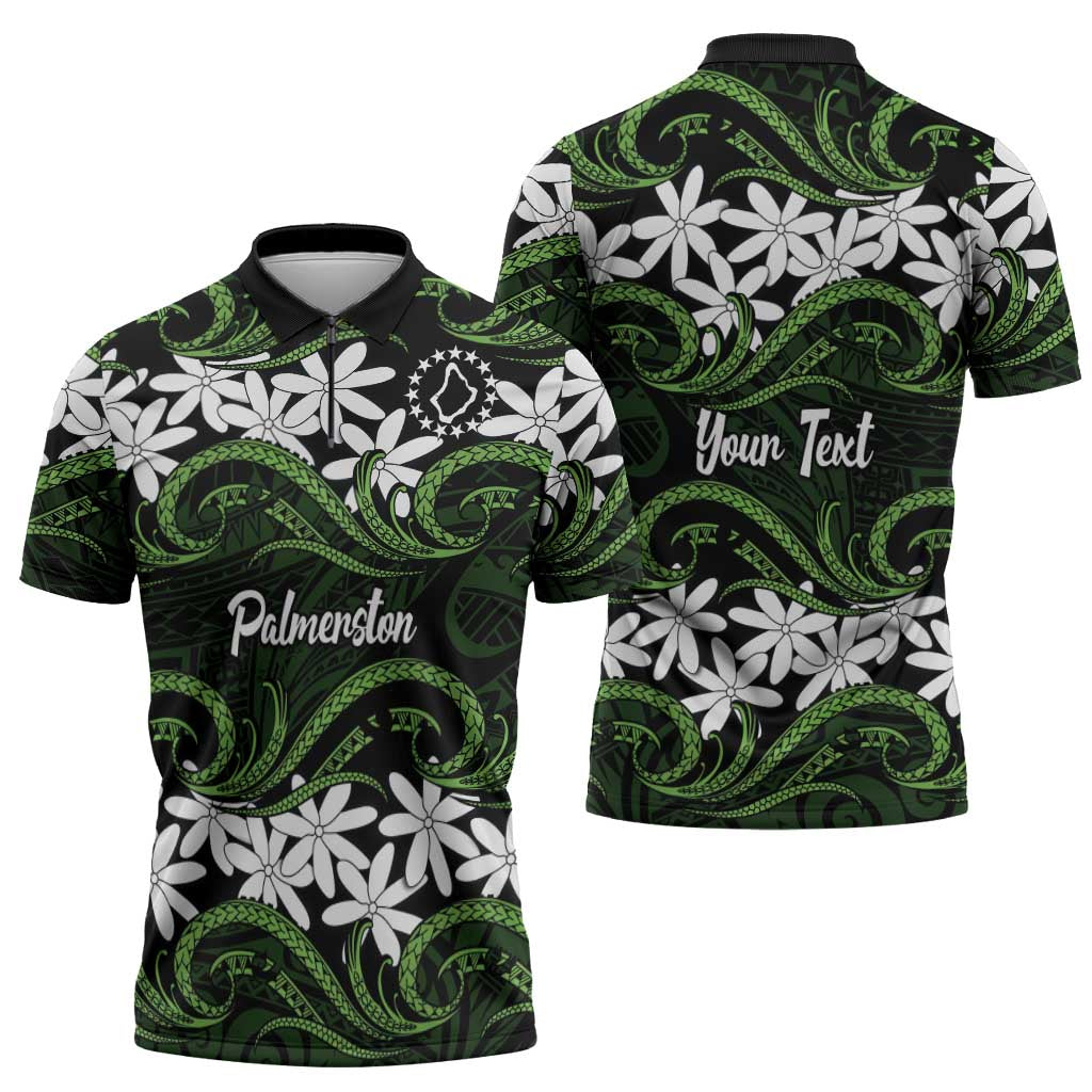 Personalised Cook Islands Palmerston Zipper Polo Shirt Tiare Maori Polynesian Waves Tattoo LT14 - Polynesian Pride