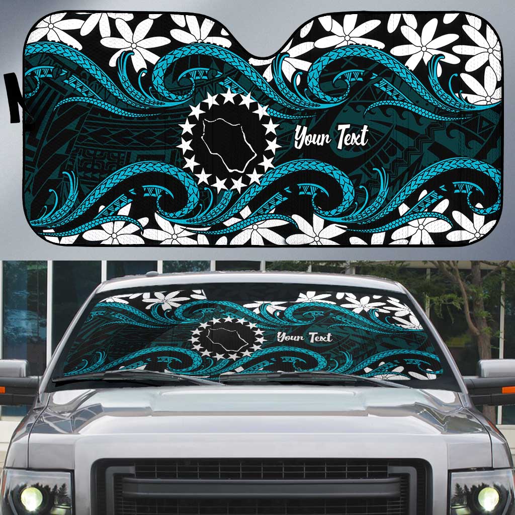 Personalised Cook Islands Penrhyn Atoll Auto Sun Shade Tiare Maori Polynesian Waves Tattoo LT14 Blue - Polynesian Pride
