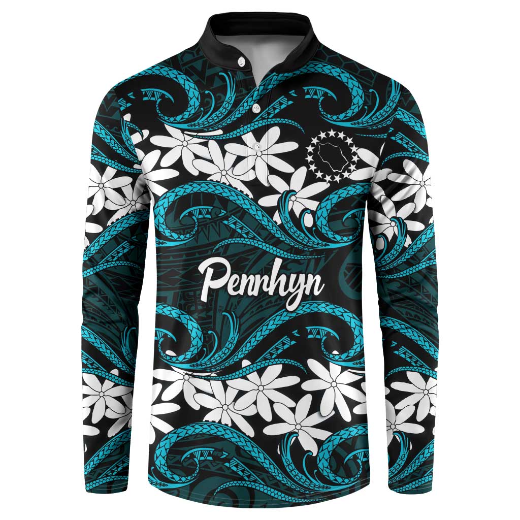 Personalised Cook Islands Penrhyn Atoll Button Sweatshirt Tiare Maori Polynesian Waves Tattoo LT14 Blue - Polynesian Pride