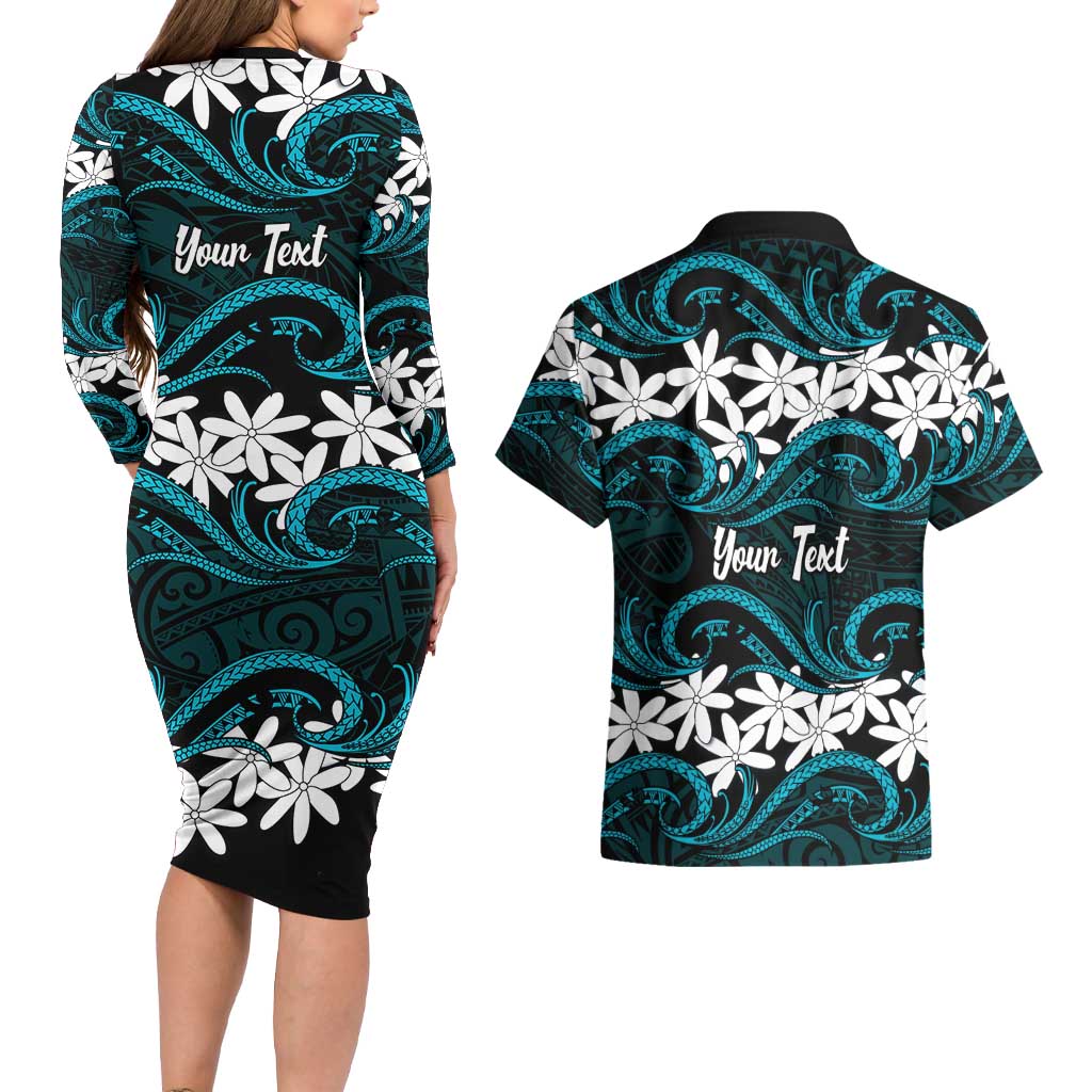 Personalised Cook Islands Penrhyn Atoll Couples Matching Long Sleeve Bodycon Dress and Hawaiian Shirt Tiare Maori Polynesian Waves Tattoo LT14 - Polynesian Pride
