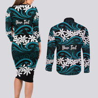 Personalised Cook Islands Penrhyn Atoll Couples Matching Long Sleeve Bodycon Dress and Long Sleeve Button Shirt Tiare Maori Polynesian Waves Tattoo