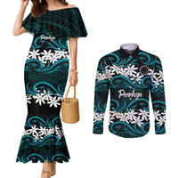 Personalised Cook Islands Penrhyn Atoll Couples Matching Mermaid Dress and Long Sleeve Button Shirt Tiare Maori Polynesian Waves Tattoo