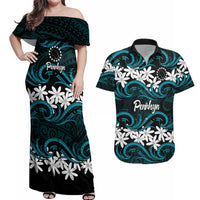 Personalised Cook Islands Penrhyn Atoll Couples Matching Off Shoulder Maxi Dress and Hawaiian Shirt Tiare Maori Polynesian Waves Tattoo