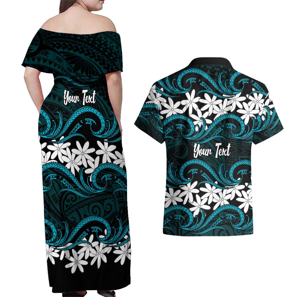 Personalised Cook Islands Penrhyn Atoll Couples Matching Off Shoulder Maxi Dress and Hawaiian Shirt Tiare Maori Polynesian Waves Tattoo