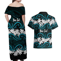 Personalised Cook Islands Penrhyn Atoll Couples Matching Off Shoulder Maxi Dress and Hawaiian Shirt Tiare Maori Polynesian Waves Tattoo