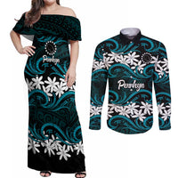 Personalised Cook Islands Penrhyn Atoll Couples Matching Off Shoulder Maxi Dress and Long Sleeve Button Shirt Tiare Maori Polynesian Waves Tattoo LT14 Blue - Polynesian Pride