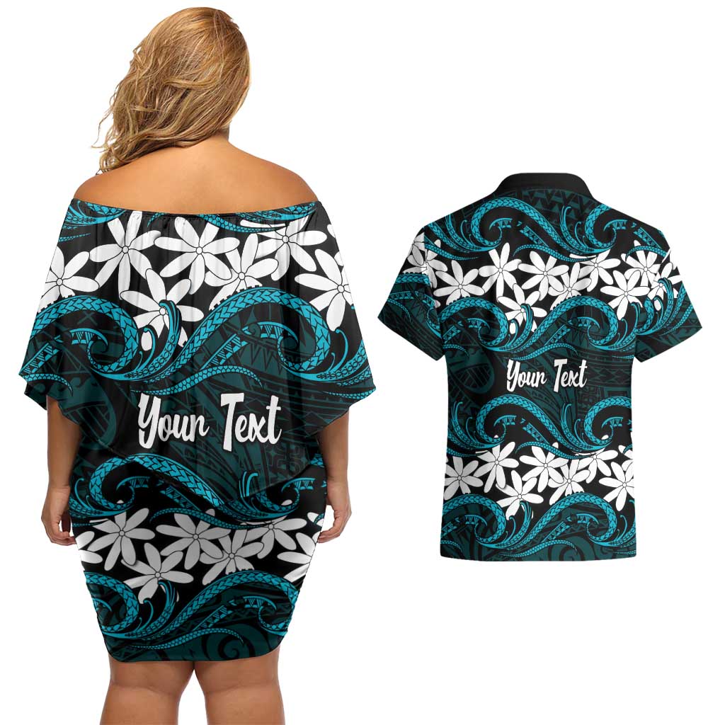 Personalised Cook Islands Penrhyn Atoll Couples Matching Off Shoulder Short Dress and Hawaiian Shirt Tiare Maori Polynesian Waves Tattoo