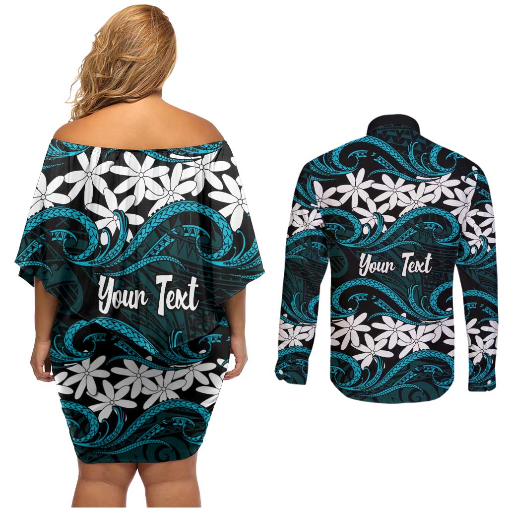 Personalised Cook Islands Penrhyn Atoll Couples Matching Off Shoulder Short Dress and Long Sleeve Button Shirt Tiare Maori Polynesian Waves Tattoo LT14 - Polynesian Pride