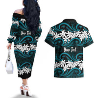 Personalised Cook Islands Penrhyn Atoll Couples Matching Off The Shoulder Long Sleeve Dress and Hawaiian Shirt Tiare Maori Polynesian Waves Tattoo