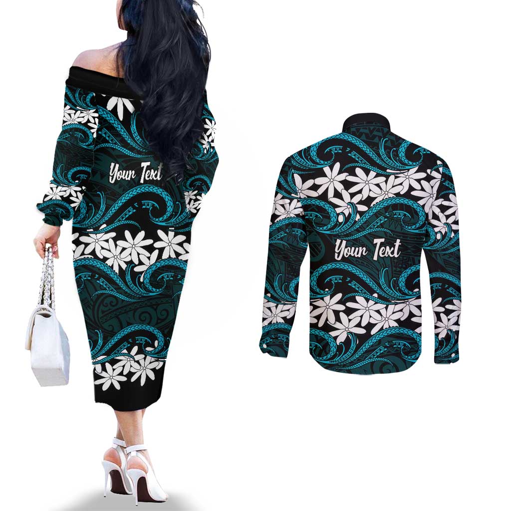 Personalised Cook Islands Penrhyn Atoll Couples Matching Off The Shoulder Long Sleeve Dress and Long Sleeve Button Shirt Tiare Maori Polynesian Waves Tattoo