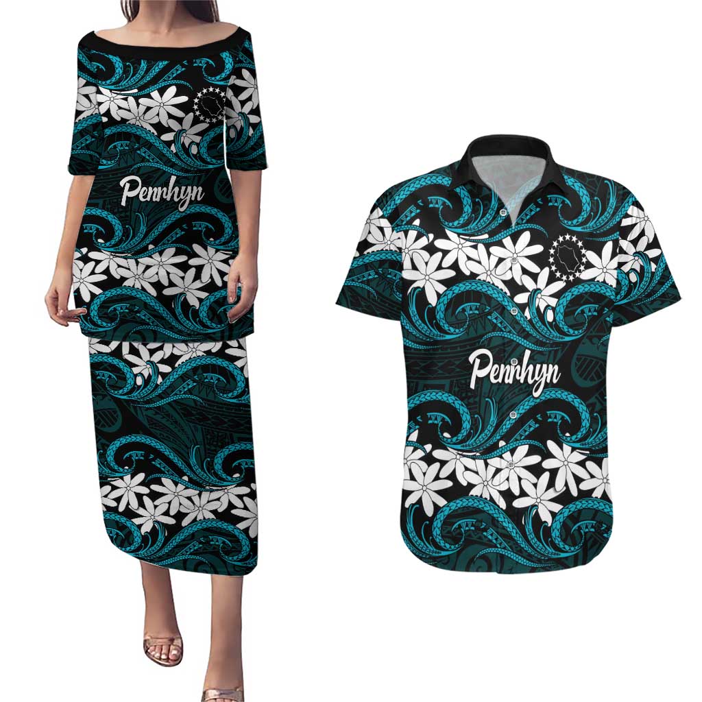 Personalised Cook Islands Penrhyn Atoll Couples Matching Puletasi and Hawaiian Shirt Tiare Maori Polynesian Waves Tattoo LT14 Blue - Polynesian Pride