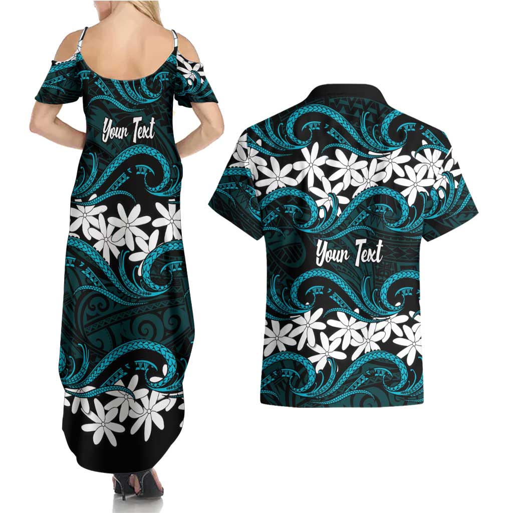 Personalised Cook Islands Penrhyn Atoll Couples Matching Summer Maxi Dress and Hawaiian Shirt Tiare Maori Polynesian Waves Tattoo