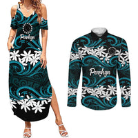 Personalised Cook Islands Penrhyn Atoll Couples Matching Summer Maxi Dress and Long Sleeve Button Shirt Tiare Maori Polynesian Waves Tattoo LT14 Blue - Polynesian Pride
