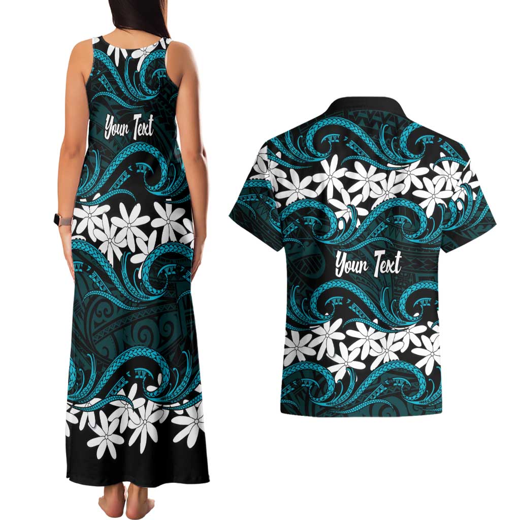 Personalised Cook Islands Penrhyn Atoll Couples Matching Tank Maxi Dress and Hawaiian Shirt Tiare Maori Polynesian Waves Tattoo