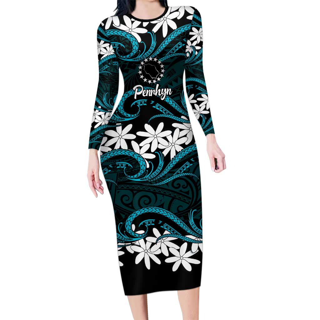 Personalised Cook Islands Penrhyn Atoll Family Matching Long Sleeve Bodycon Dress and Hawaiian Shirt Tiare Maori Polynesian Waves Tattoo LT14 Mom's Dress Blue - Polynesian Pride