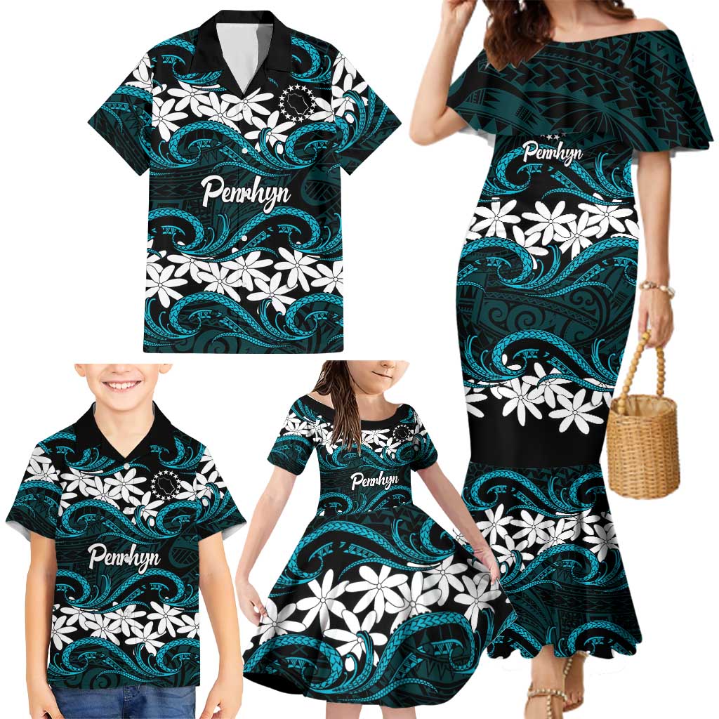 Personalised Cook Islands Penrhyn Atoll Family Matching Mermaid Dress and Hawaiian Shirt Tiare Maori Polynesian Waves Tattoo LT14 - Polynesian Pride