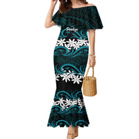 Personalised Cook Islands Penrhyn Atoll Family Matching Mermaid Dress and Hawaiian Shirt Tiare Maori Polynesian Waves Tattoo LT14 Mom's Dress Blue - Polynesian Pride