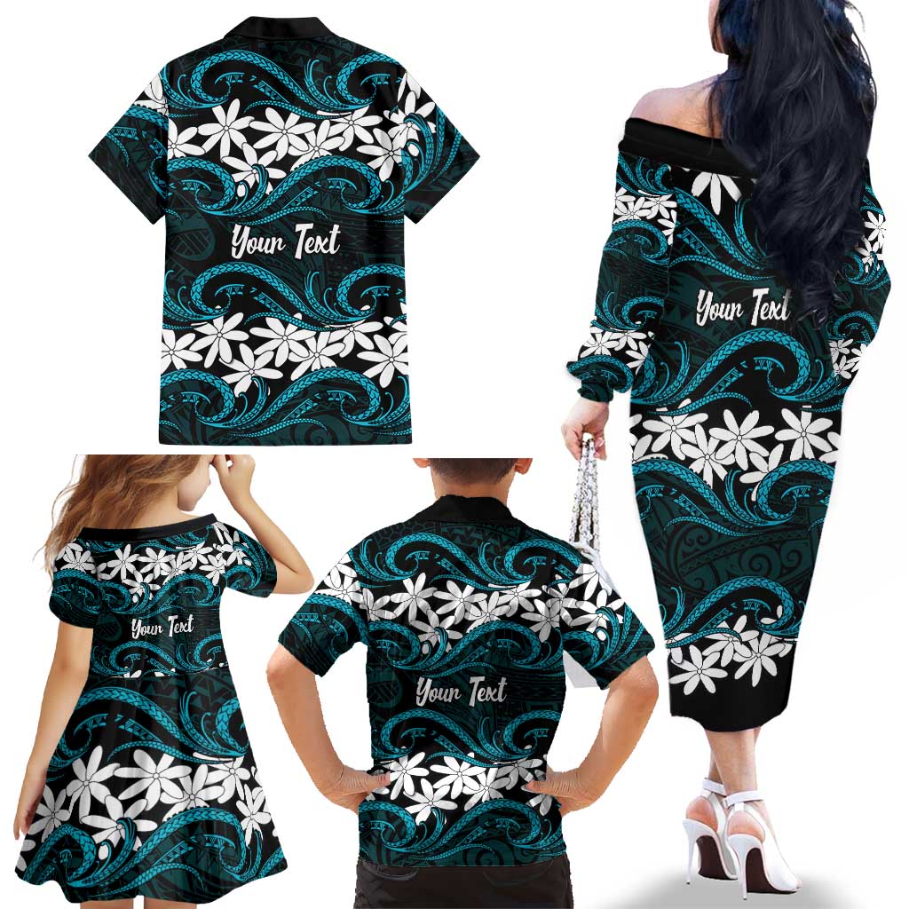 Personalised Cook Islands Penrhyn Atoll Family Matching Off The Shoulder Long Sleeve Dress and Hawaiian Shirt Tiare Maori Polynesian Waves Tattoo LT14 - Polynesian Pride