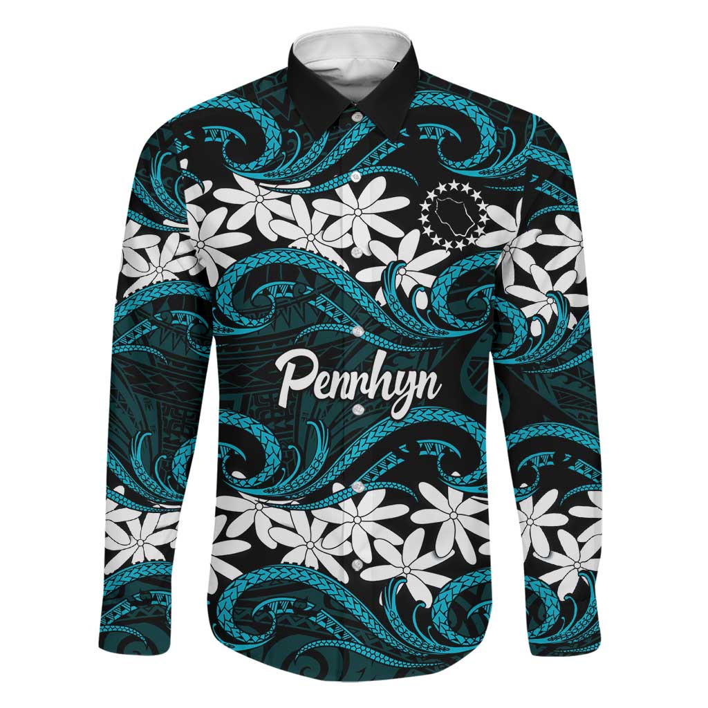 Personalised Cook Islands Penrhyn Atoll Family Matching Off Shoulder Maxi Dress and Hawaiian Shirt Tiare Maori Polynesian Waves Tattoo LT14 Dad's Shirt - Long Sleeve Blue - Polynesian Pride