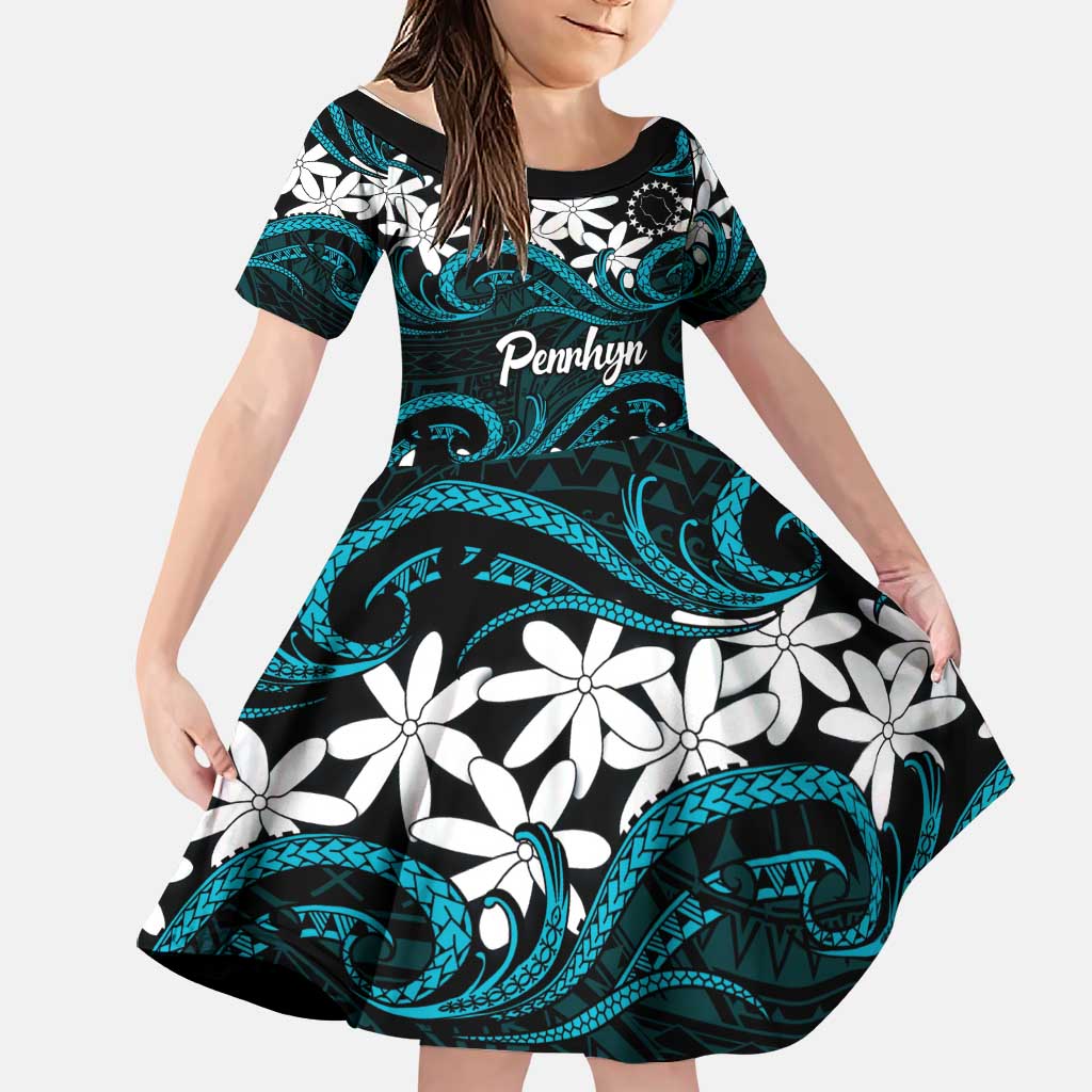 Personalised Cook Islands Penrhyn Atoll Family Matching Off Shoulder Short Dress and Hawaiian Shirt Tiare Maori Polynesian Waves Tattoo LT14 Daughter's Dress Blue - Polynesian Pride