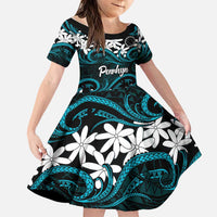 Personalised Cook Islands Penrhyn Atoll Family Matching Off Shoulder Short Dress and Hawaiian Shirt Tiare Maori Polynesian Waves Tattoo LT14 Daughter's Dress Blue - Polynesian Pride