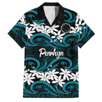 Personalised Cook Islands Penrhyn Atoll Family Matching Off Shoulder Short Dress and Hawaiian Shirt Tiare Maori Polynesian Waves Tattoo LT14 Dad's Shirt - Short Sleeve Blue - Polynesian Pride