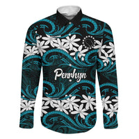 Personalised Cook Islands Penrhyn Atoll Family Matching Puletasi and Hawaiian Shirt Tiare Maori Polynesian Waves Tattoo LT14 Dad's Shirt - Long Sleeve Blue - Polynesian Pride
