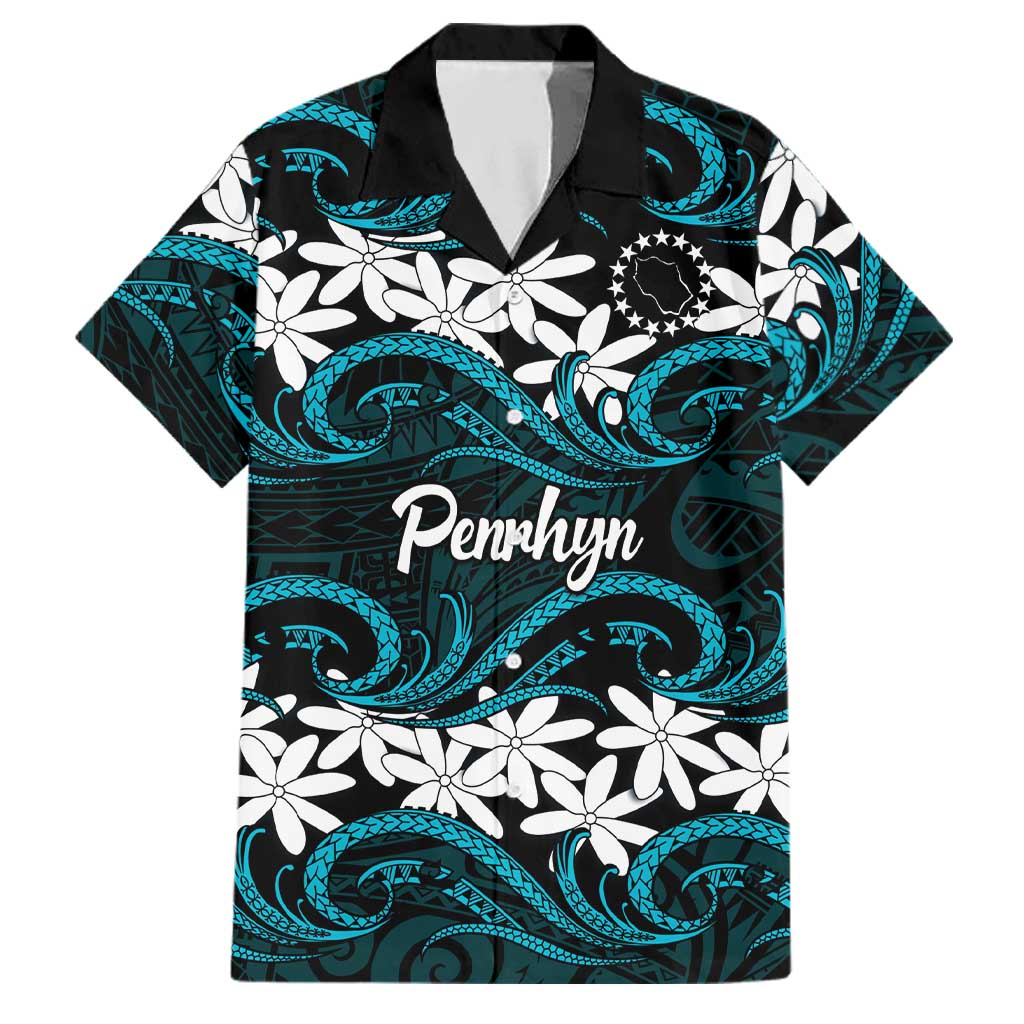 Personalised Cook Islands Penrhyn Atoll Family Matching Summer Maxi Dress and Hawaiian Shirt Tiare Maori Polynesian Waves Tattoo LT14 Dad's Shirt - Short Sleeve Blue - Polynesian Pride