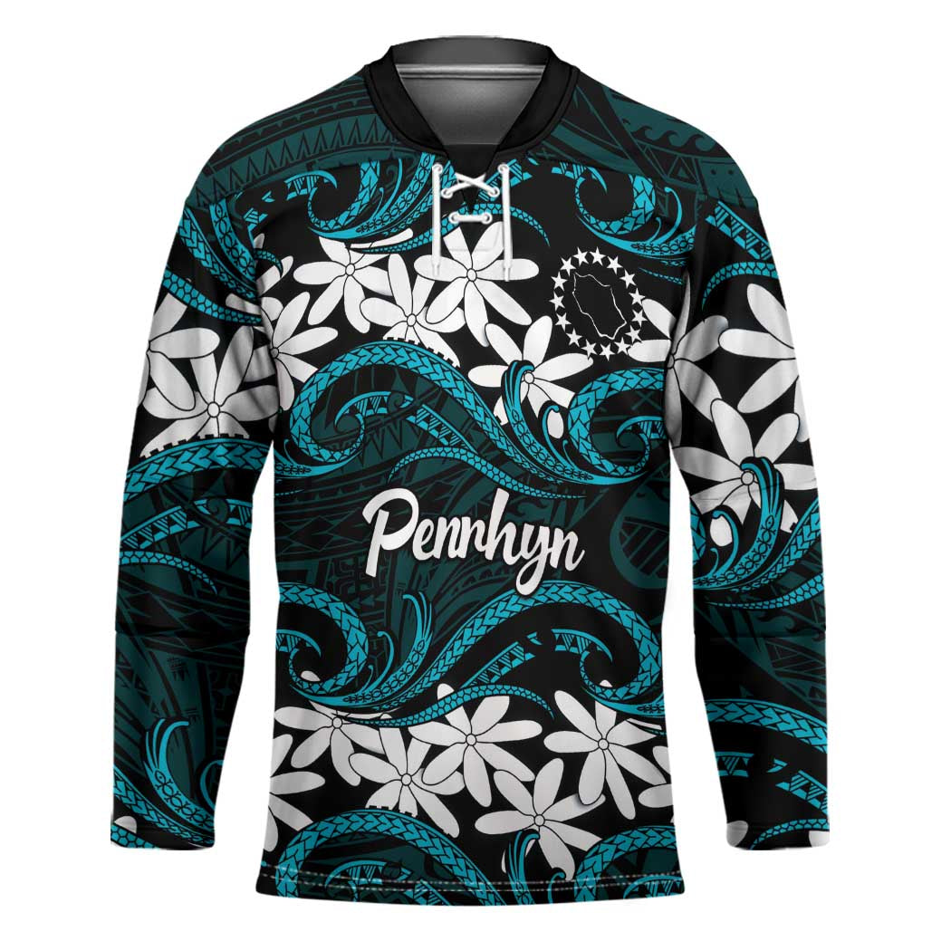 Personalised Cook Islands Penrhyn Atoll Hockey Jersey Tiare Maori Polynesian Waves Tattoo