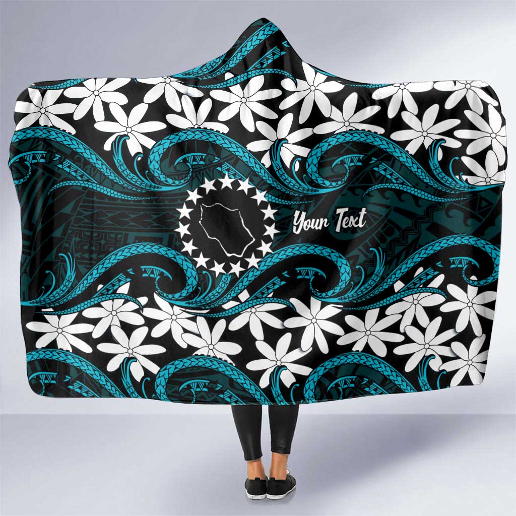 Personalised Cook Islands Penrhyn Atoll Hooded Blanket Tiare Maori Polynesian Waves Tattoo LT14 One Size Blue - Polynesian Pride