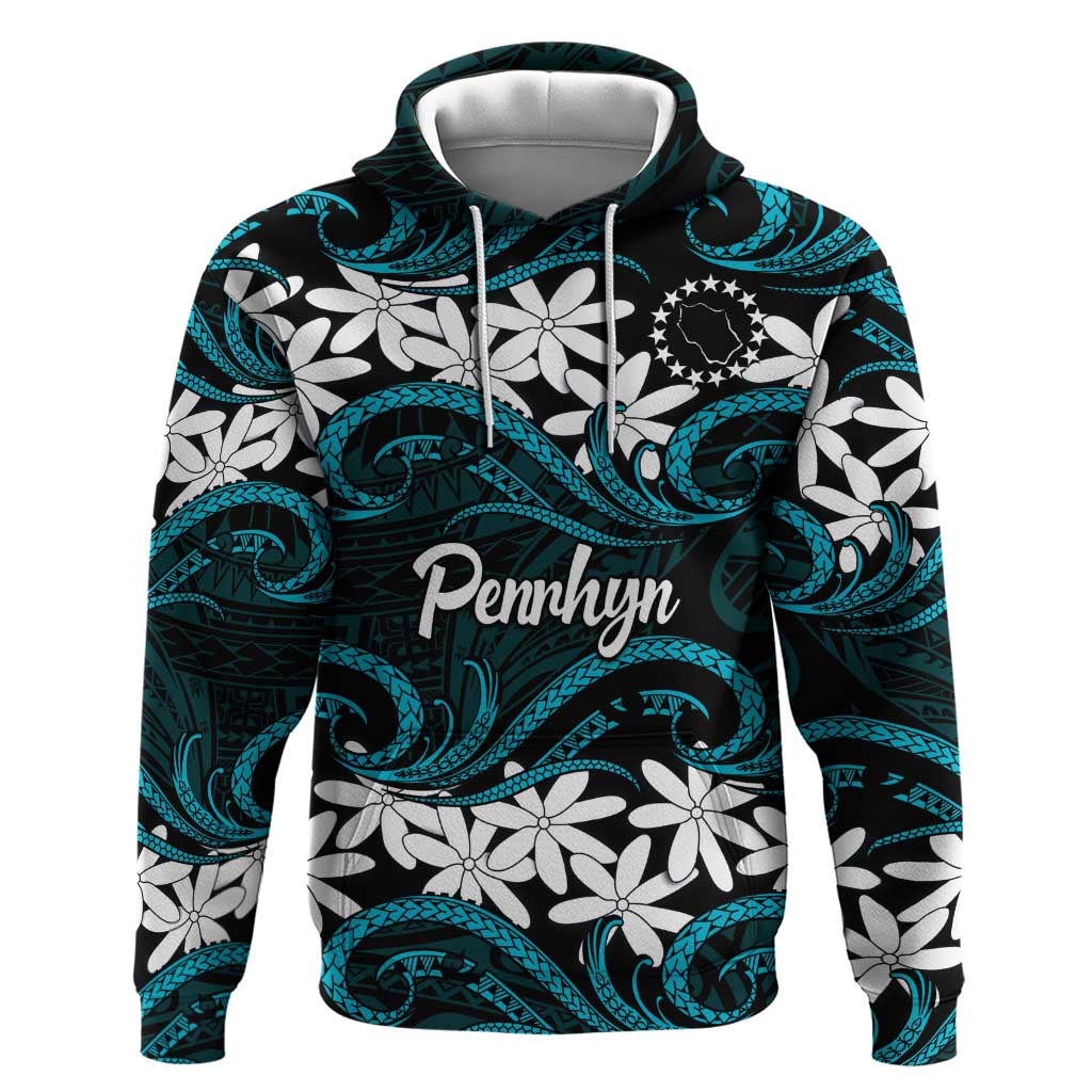 Personalised Cook Islands Penrhyn Atoll Hoodie Tiare Maori Polynesian Waves Tattoo