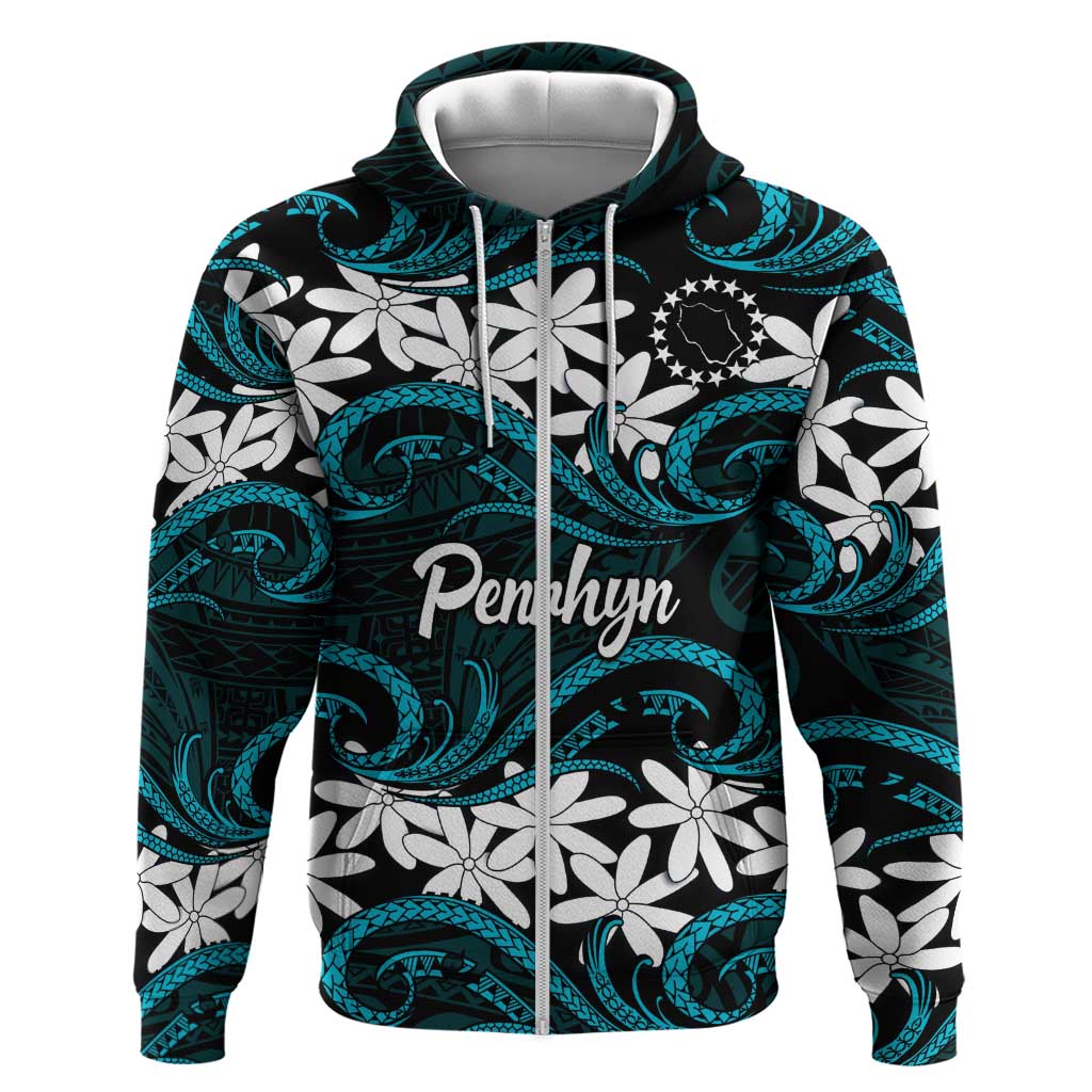 Personalised Cook Islands Penrhyn Atoll Hoodie Tiare Maori Polynesian Waves Tattoo