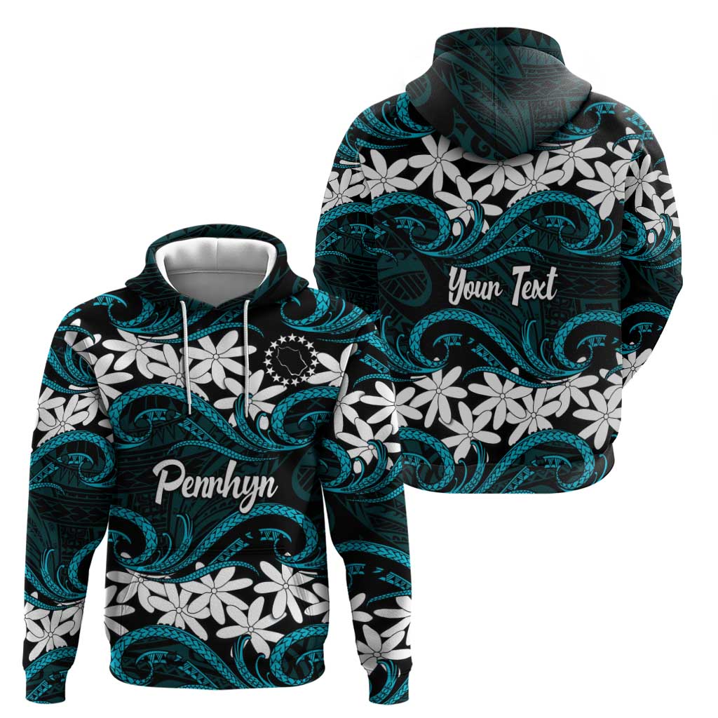 Personalised Cook Islands Penrhyn Atoll Hoodie Tiare Maori Polynesian Waves Tattoo