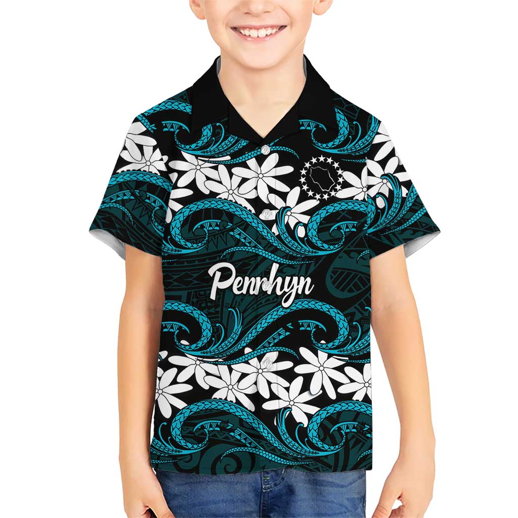 Personalised Cook Islands Penrhyn Atoll Kid Hawaiian Shirt Tiare Maori Polynesian Waves Tattoo LT14 Kid Blue - Polynesian Pride