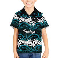 Personalised Cook Islands Penrhyn Atoll Kid Hawaiian Shirt Tiare Maori Polynesian Waves Tattoo LT14 Kid Blue - Polynesian Pride