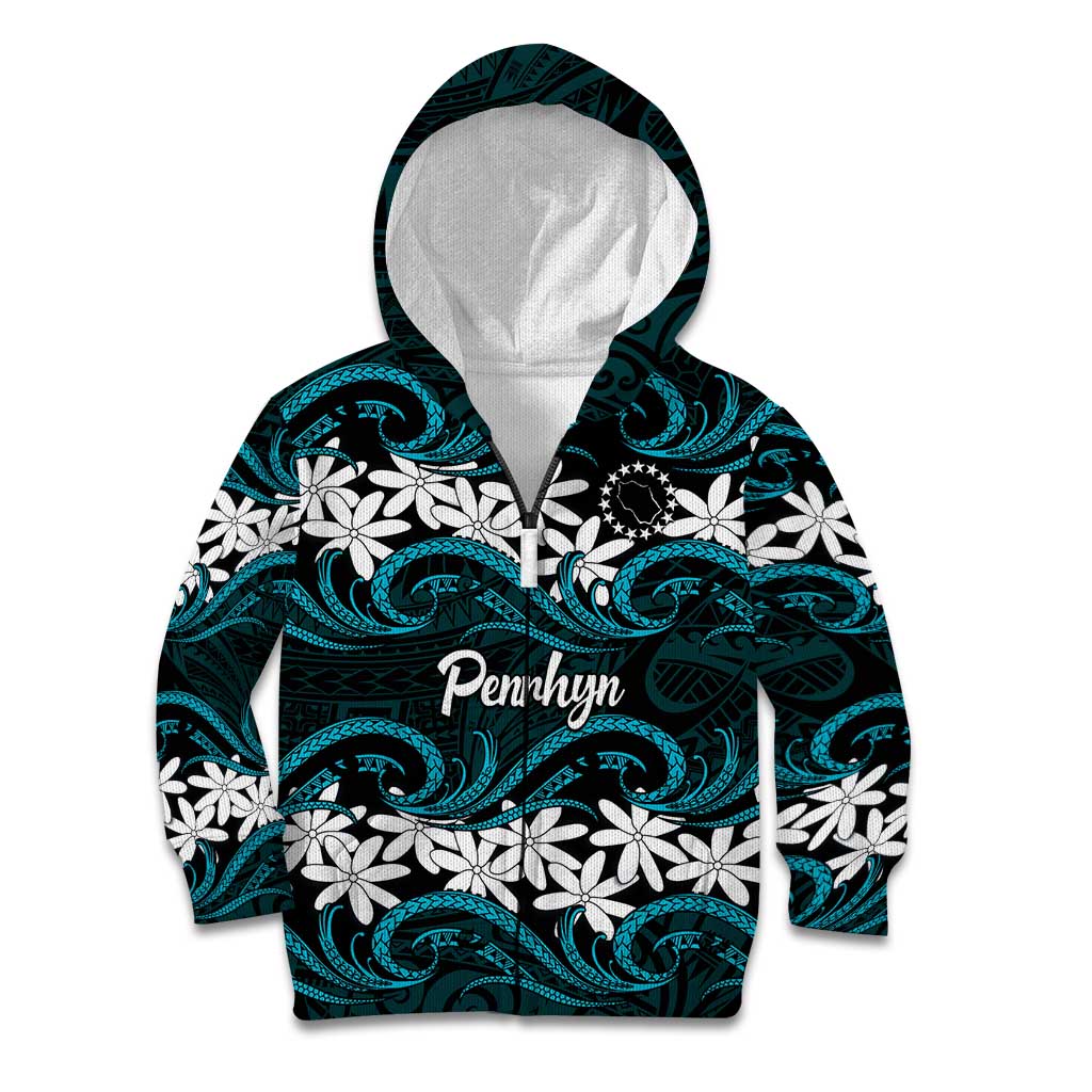 Personalised Cook Islands Penrhyn Atoll Kid Hoodie Tiare Maori Polynesian Waves Tattoo LT14 Zip Hoodie Blue - Polynesian Pride