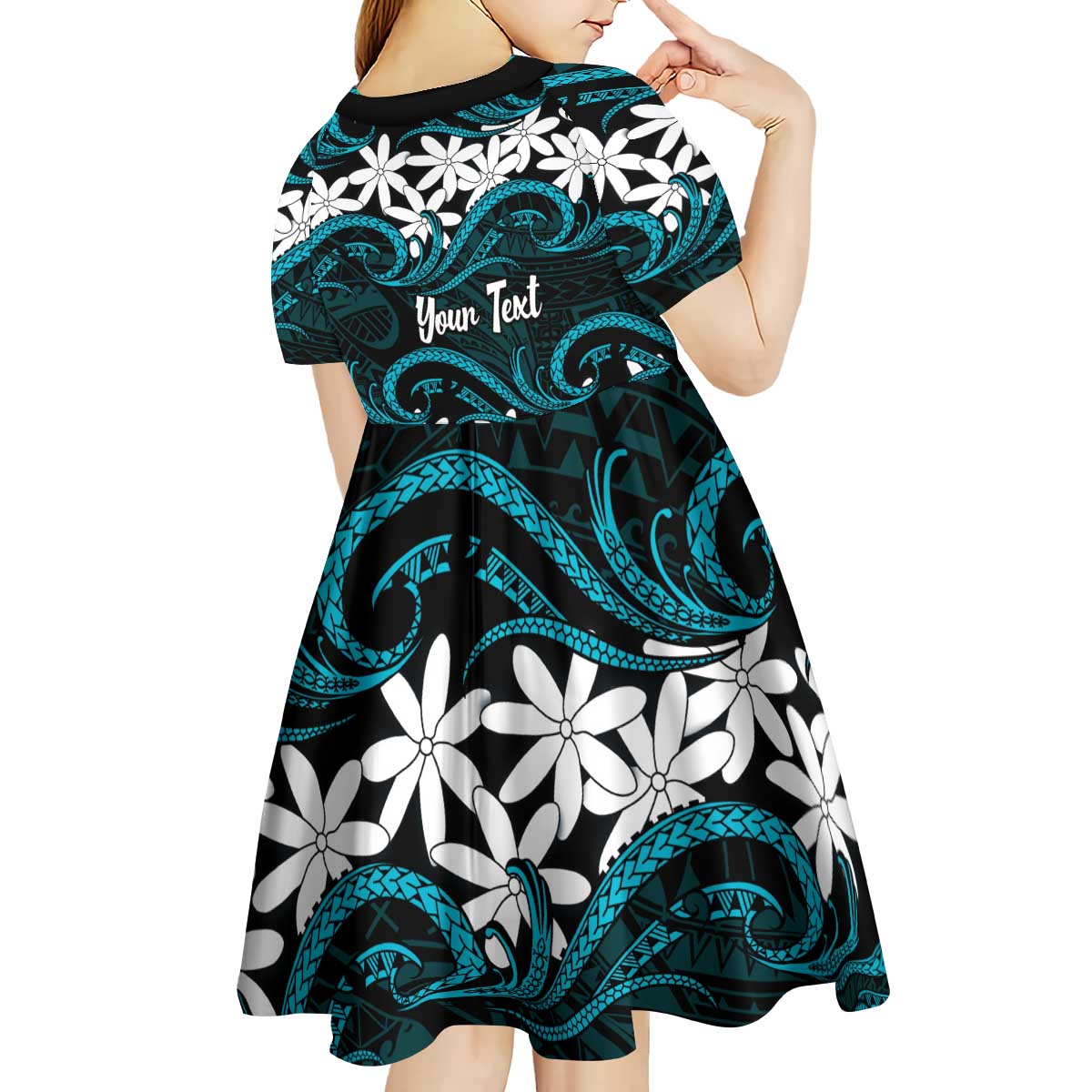 Personalised Cook Islands Penrhyn Atoll Kid Short Sleeve Dress Tiare Maori Polynesian Waves Tattoo LT14 - Polynesian Pride