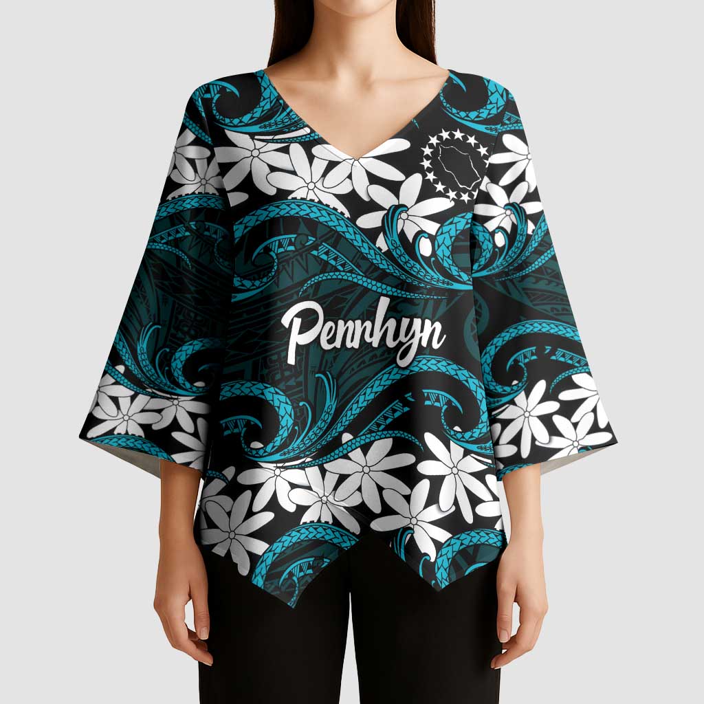 Personalised Cook Islands Penrhyn Atoll Kimono Sleeve Blouse Tiare Maori Polynesian Waves Tattoo