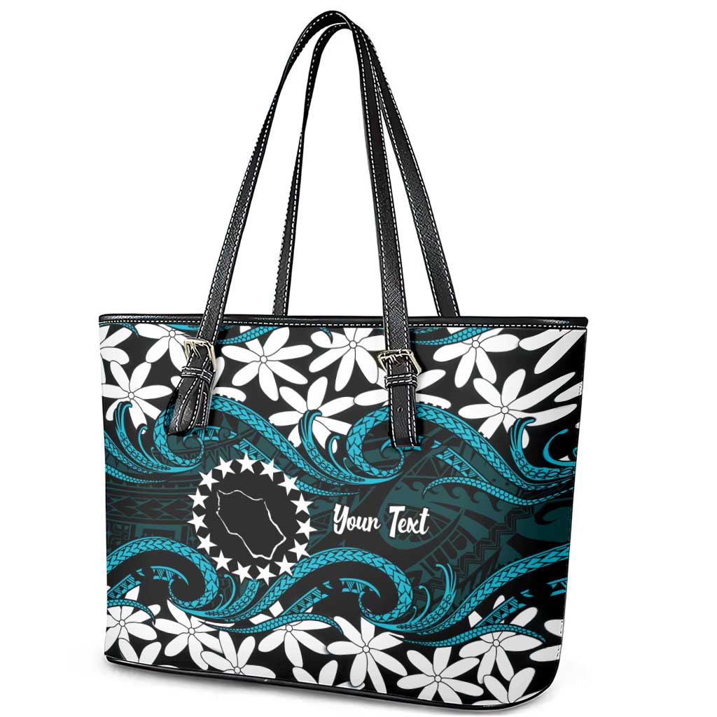 Personalised Cook Islands Penrhyn Atoll Leather Tote Bag Tiare Maori Polynesian Waves Tattoo