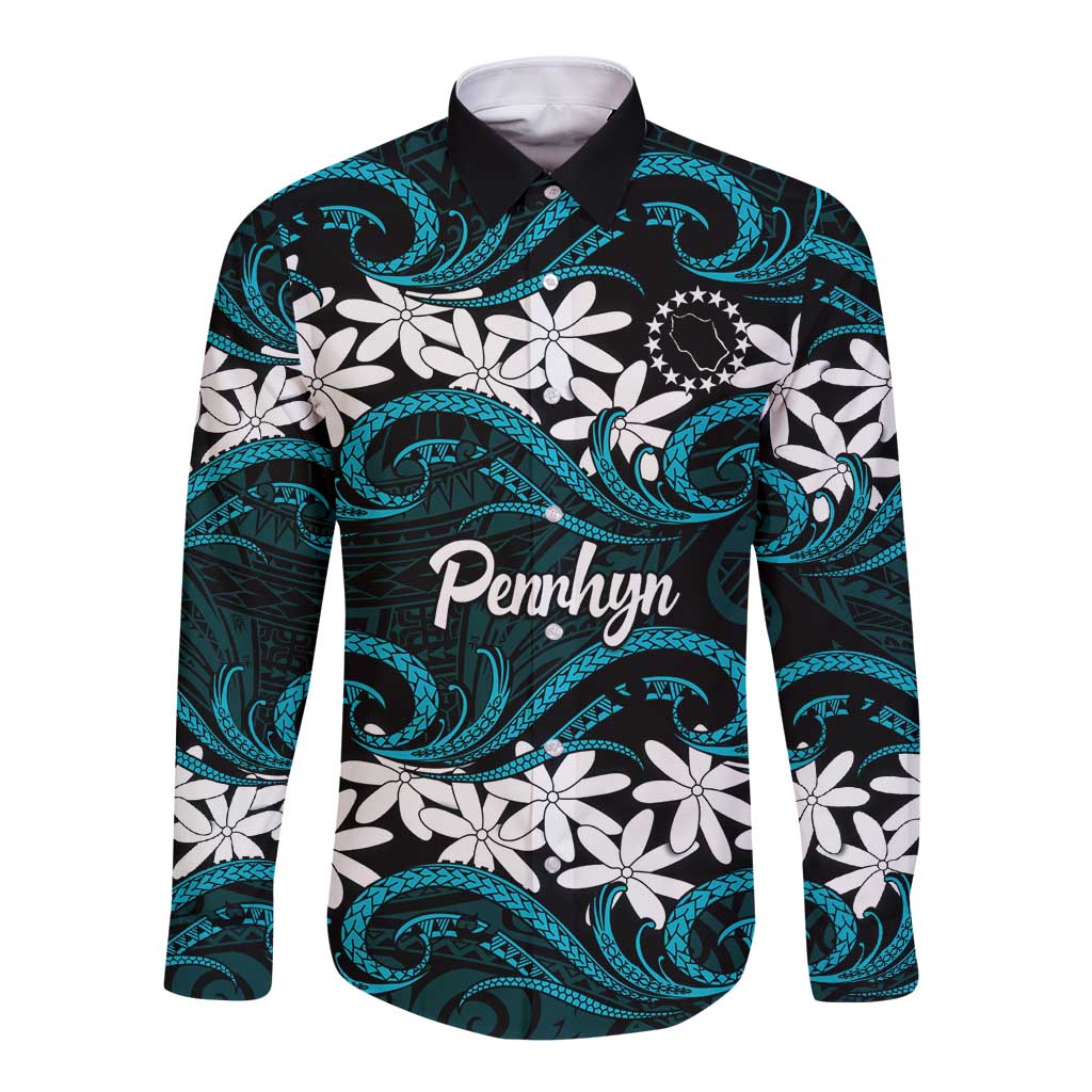 Personalised Cook Islands Penrhyn Atoll Long Sleeve Button Shirt Tiare Maori Polynesian Waves Tattoo LT14 Unisex Blue - Polynesian Pride
