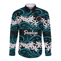 Personalised Cook Islands Penrhyn Atoll Long Sleeve Button Shirt Tiare Maori Polynesian Waves Tattoo